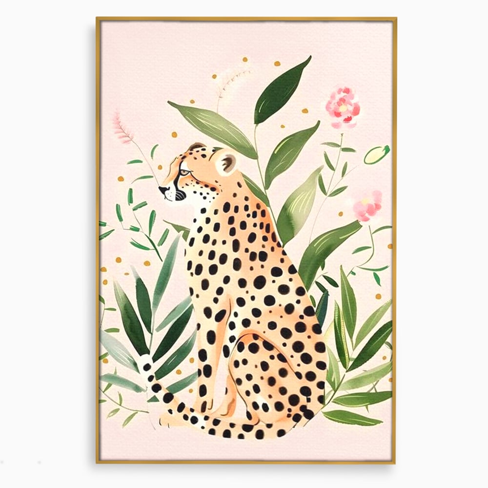 Tablou canvas cu tablou canvas cu leopard si frunze tropicale, in rama de aluminiu auriu